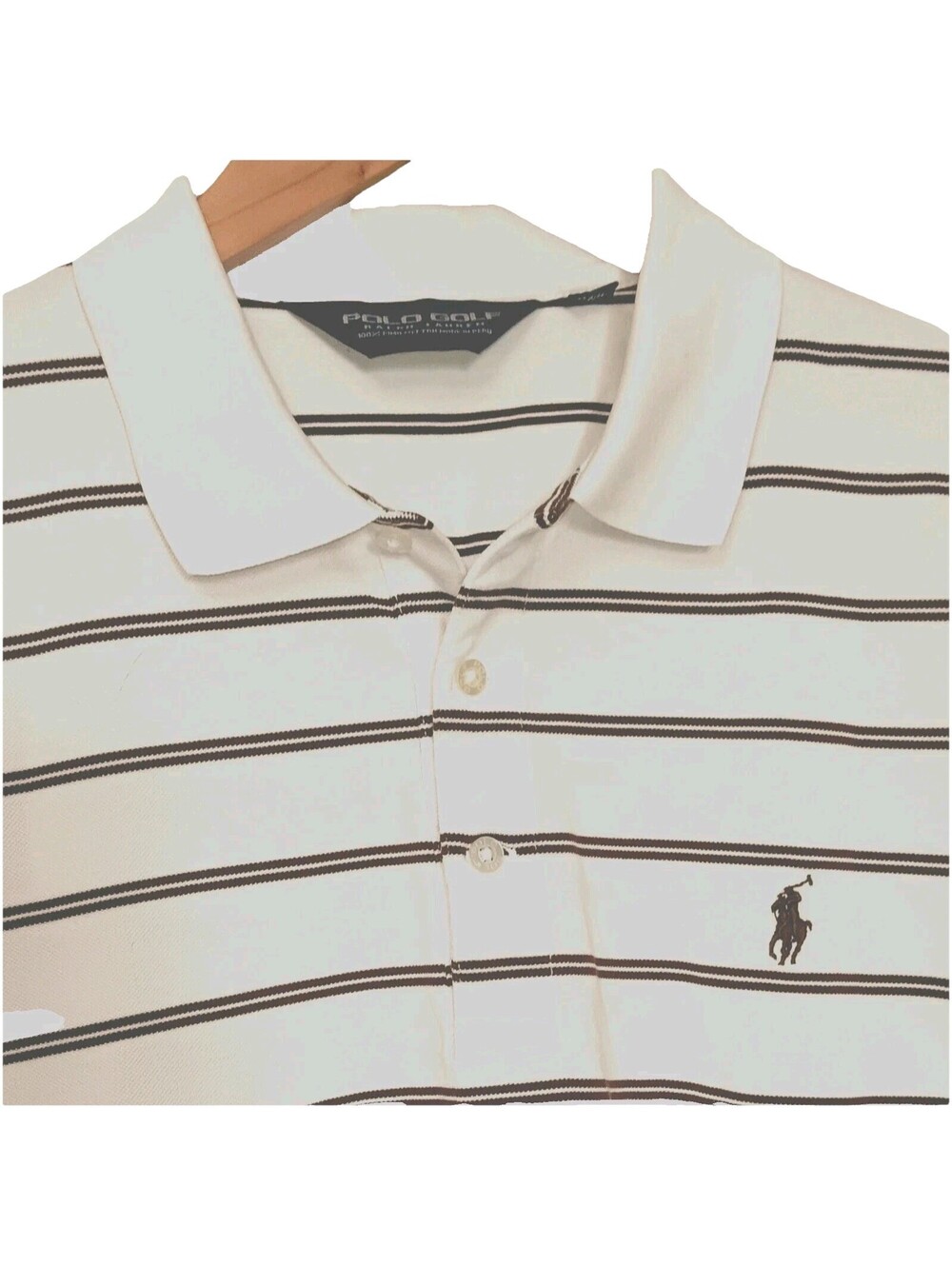 Ralph Lauren Polo Golf Shirt Size L  Off White Brown Stripe Pony Golf Preppy